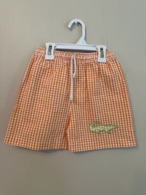 Castles & Crowns Orange Gingham Seersucker Swim Trunks with Crocodile Patch